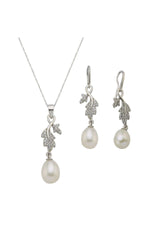 Yaprak Taşlı Doğal İnci Sallantılı Küpe Kolye İkili Set | | Birinci1926