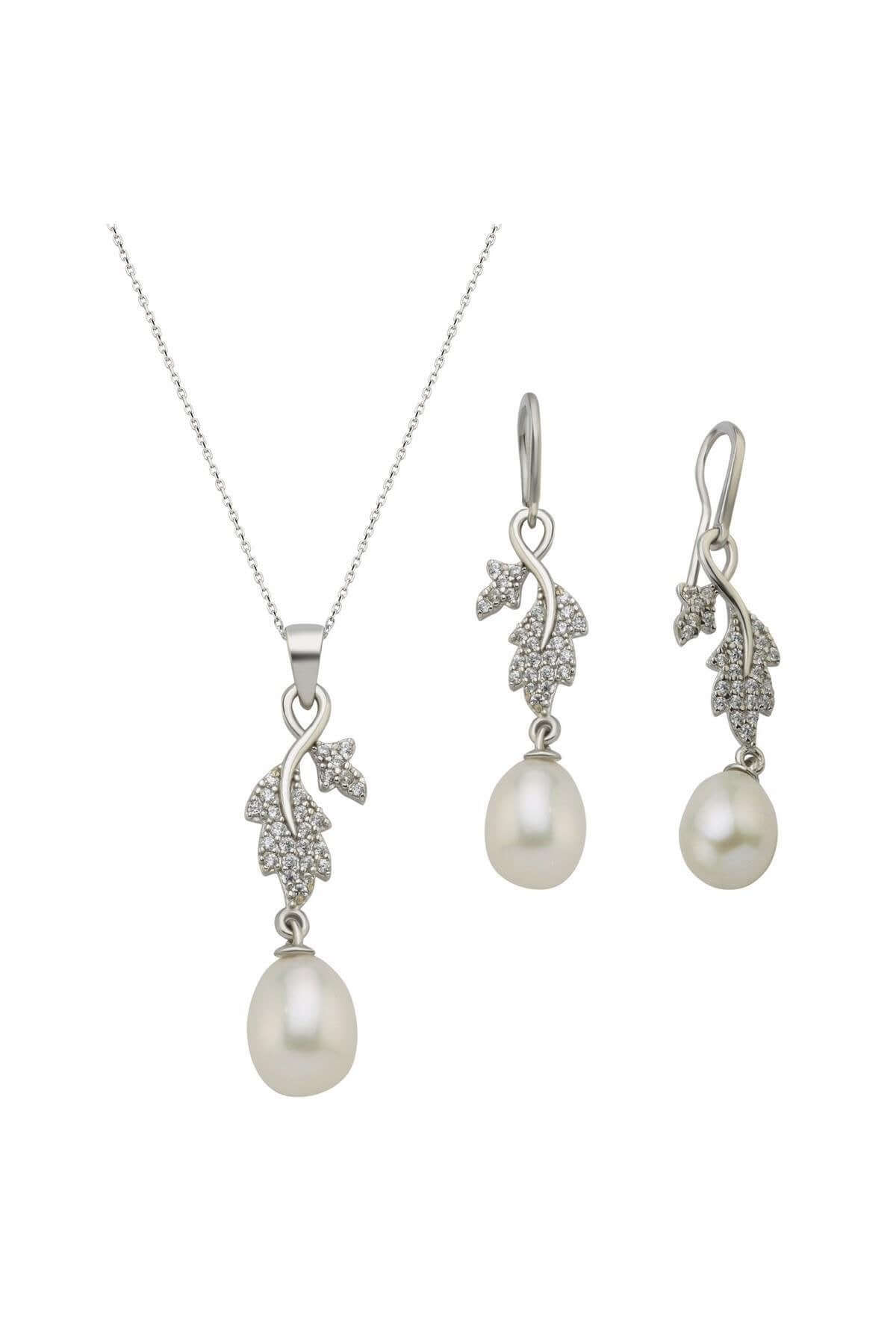 Yaprak Taşlı Doğal İnci Sallantılı Küpe Kolye İkili Set | | Birinci1926