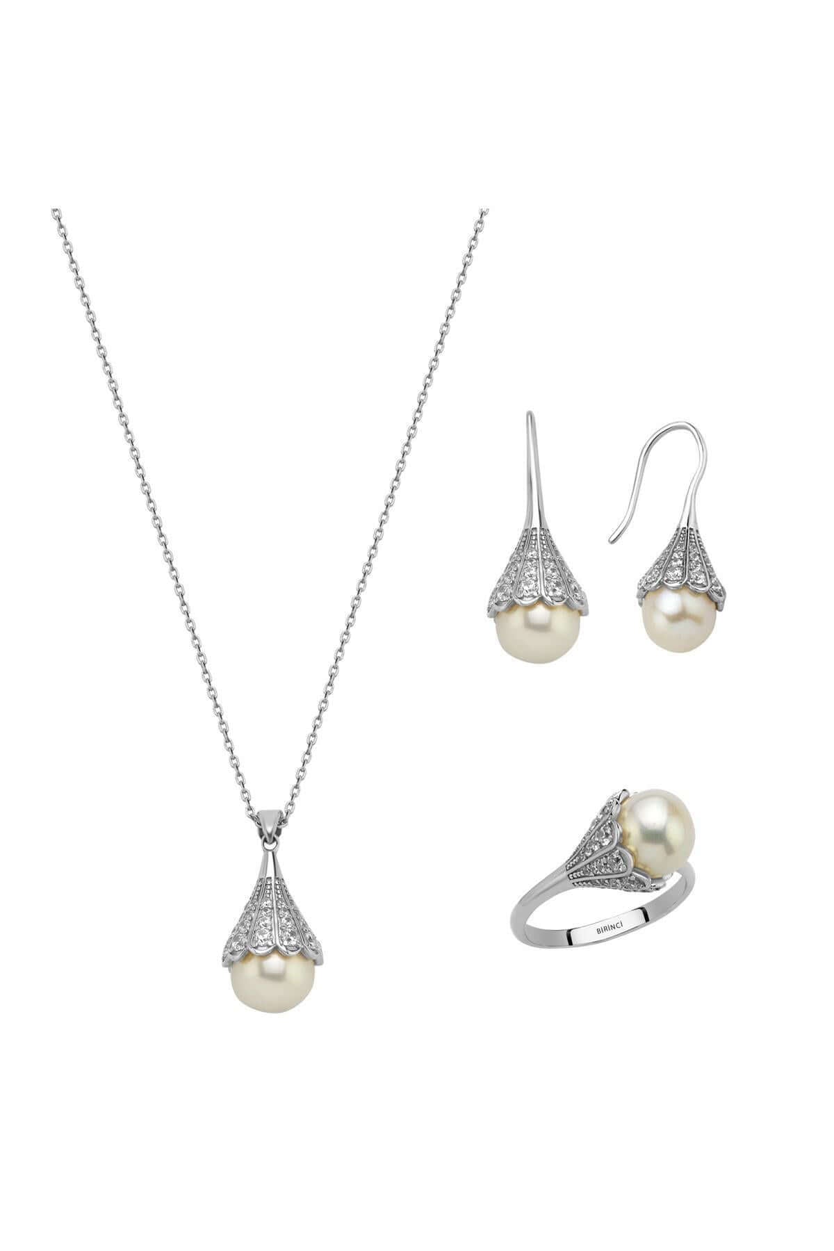 Ampul Modelli Doğal İncili Küpe Kolye Yüzük Üçlü Set | | Birinci1926