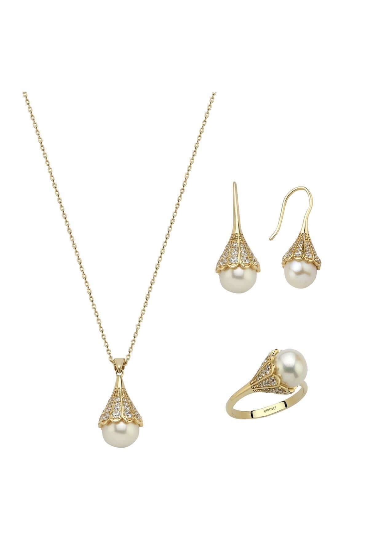 Ampul Modelli Doğal İncili Küpe Kolye Yüzük Üçlü Set | | Birinci1926