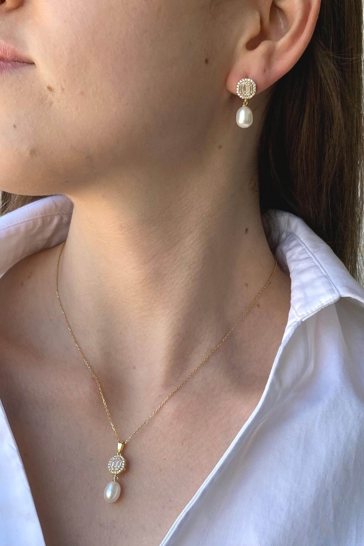 Baget Sekizgen Doğal İncili Sallantı Küpe Kolye İkili Set | | Birinci1926