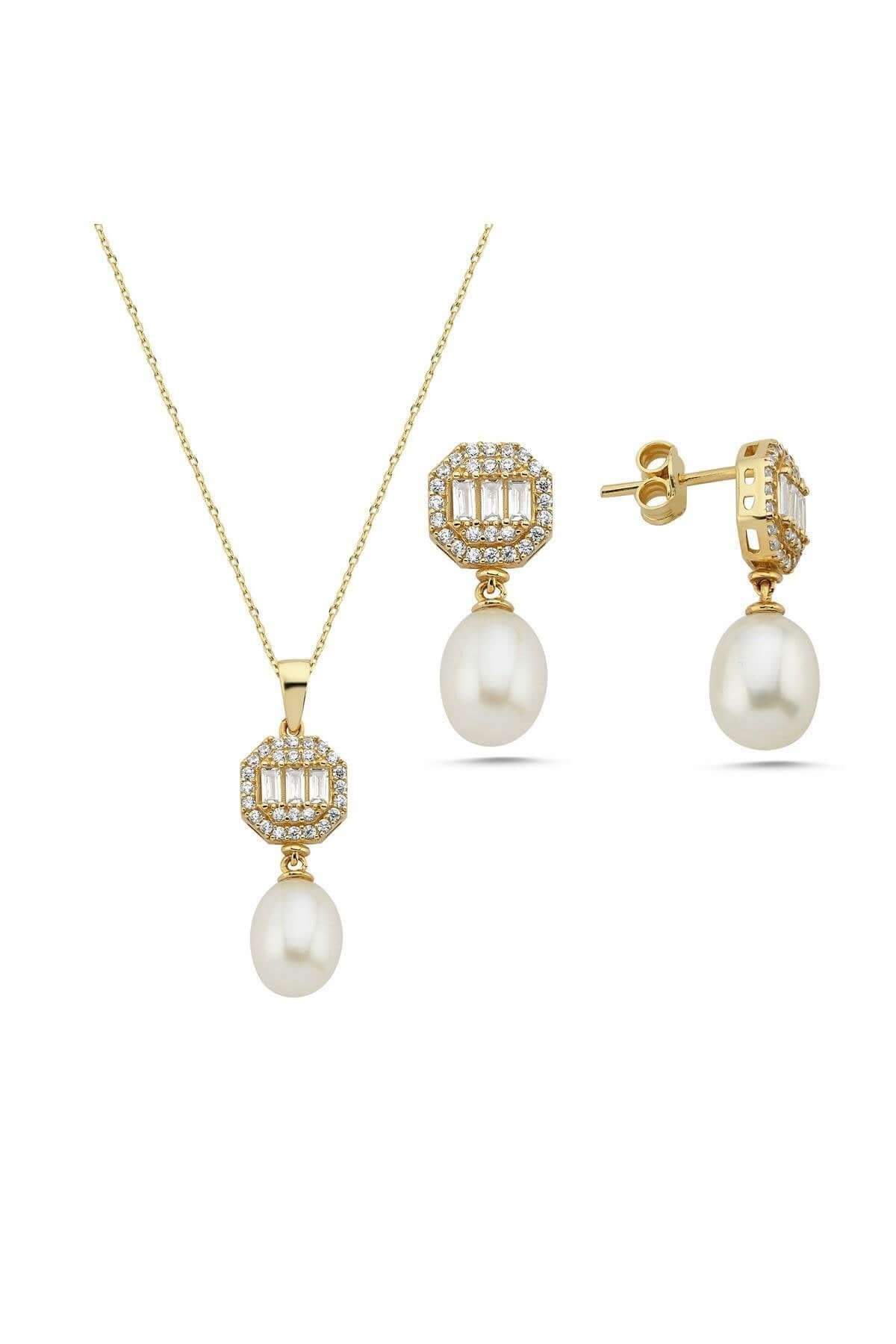 Baget Sekizgen Doğal İncili Sallantı Küpe Kolye İkili Set | | Birinci1926