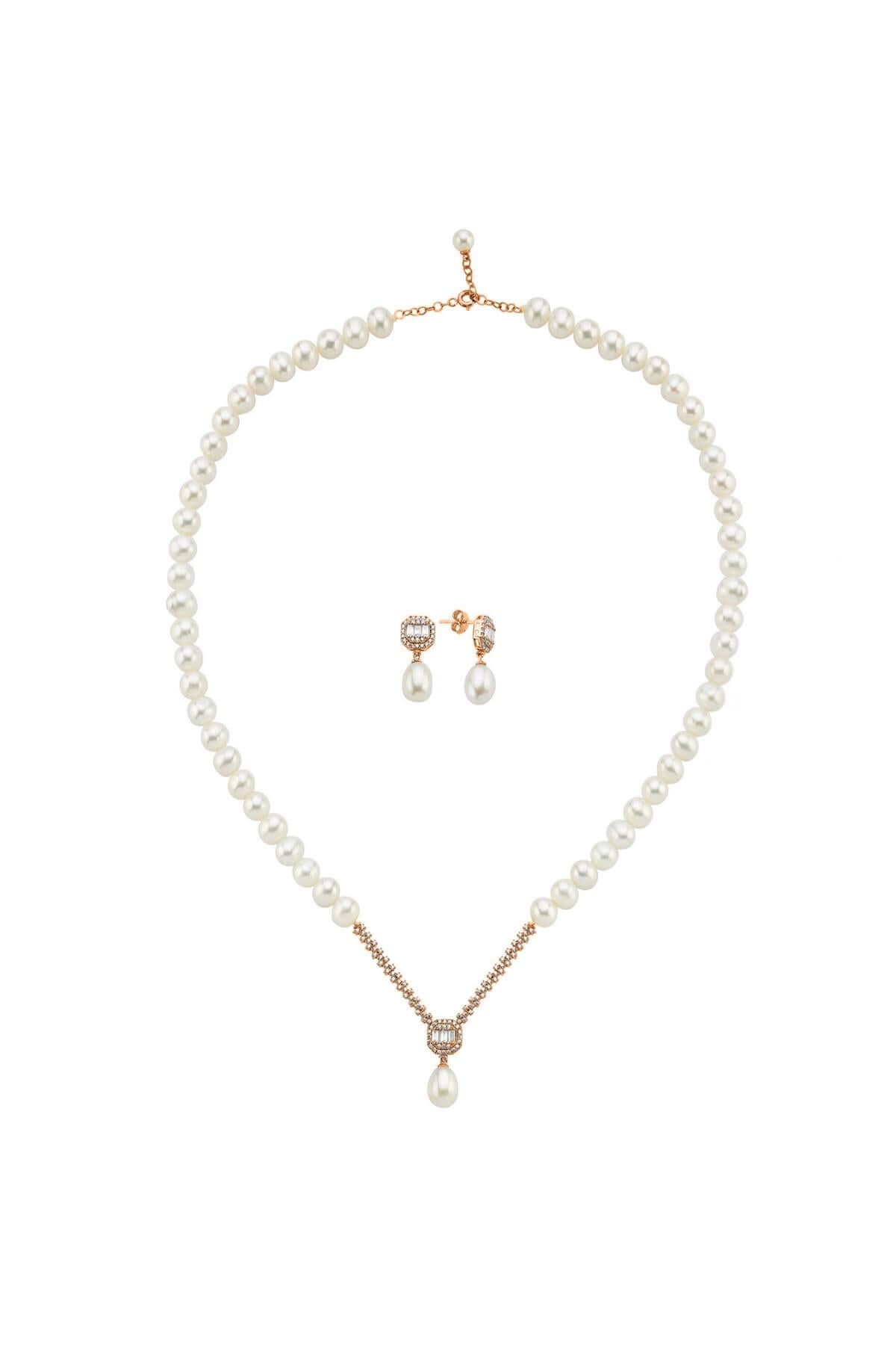 Baget Sekizgen Doğal İnci Sallantı Küpe Kolye İkili Set | | Birinci1926