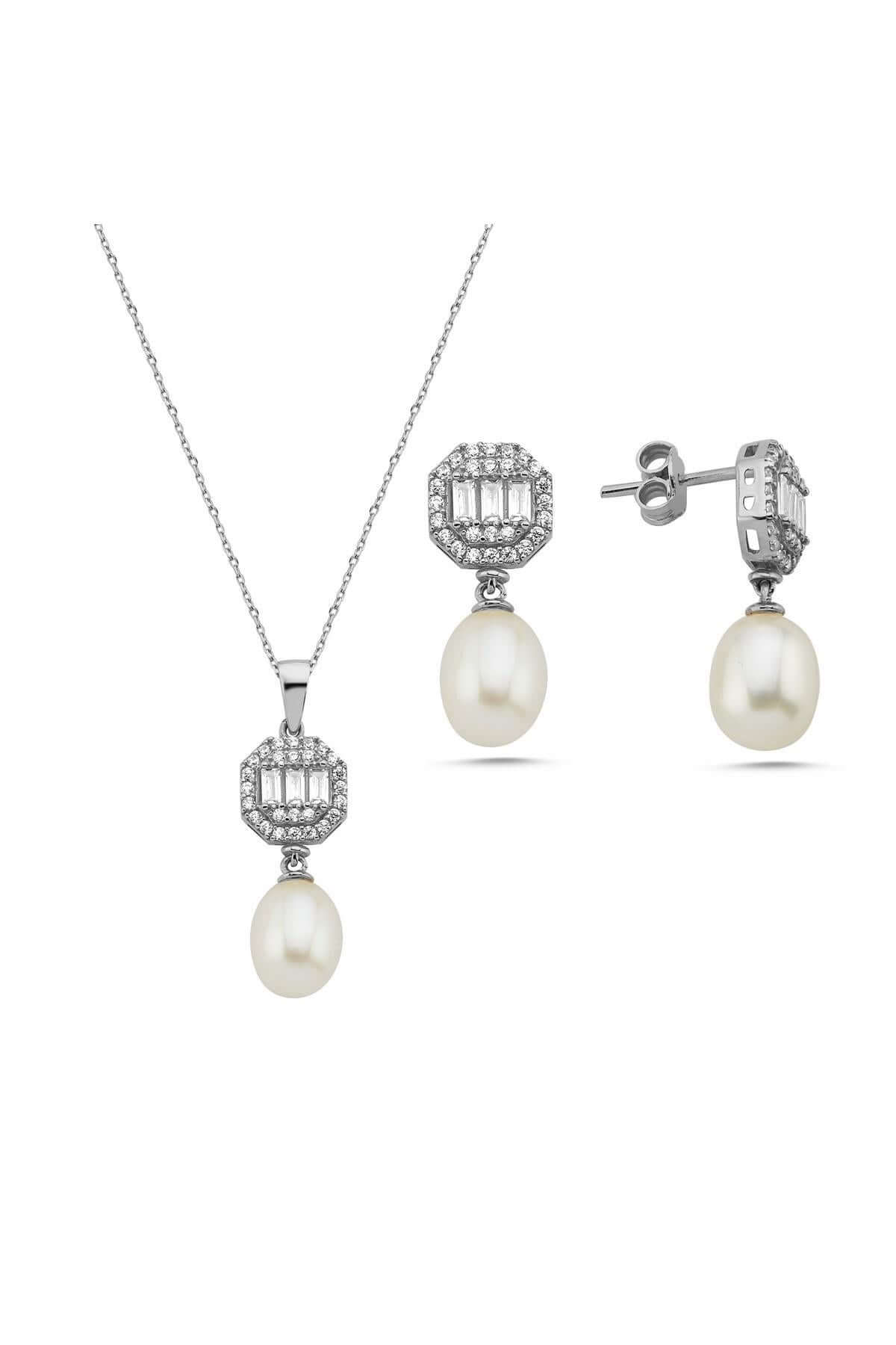 Baget Sekizgen Doğal İncili Sallantı Küpe Kolye İkili Set | | Birinci1926