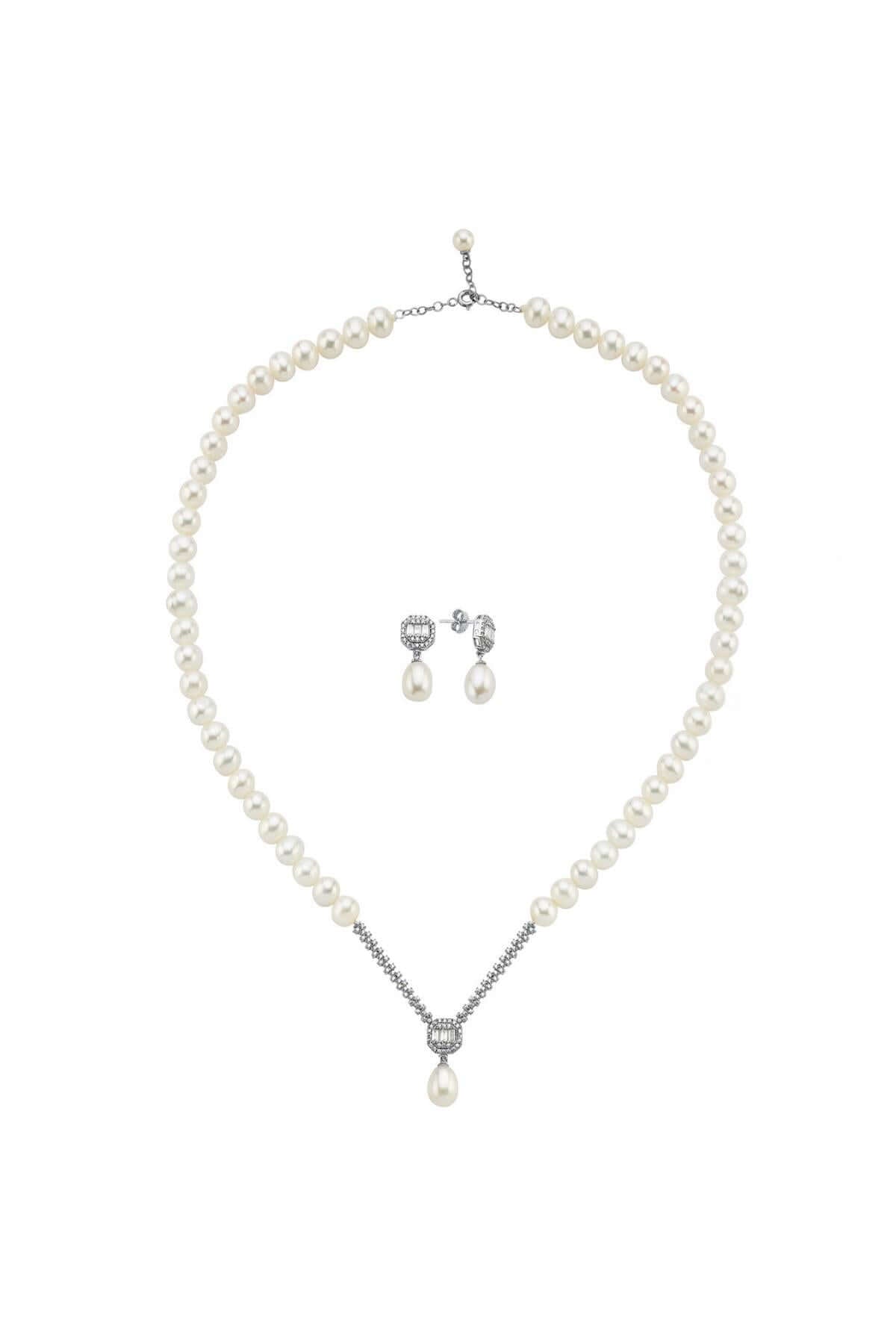 Baget Sekizgen Doğal İnci Sallantı Küpe Kolye İkili Set | | Birinci1926