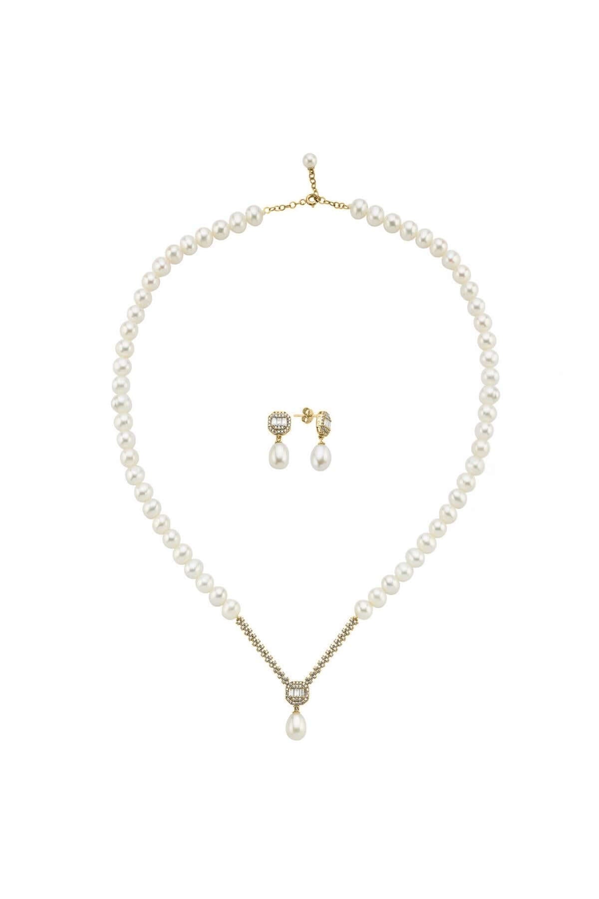 Baget Sekizgen Doğal İnci Sallantı Küpe Kolye İkili Set | | Birinci1926