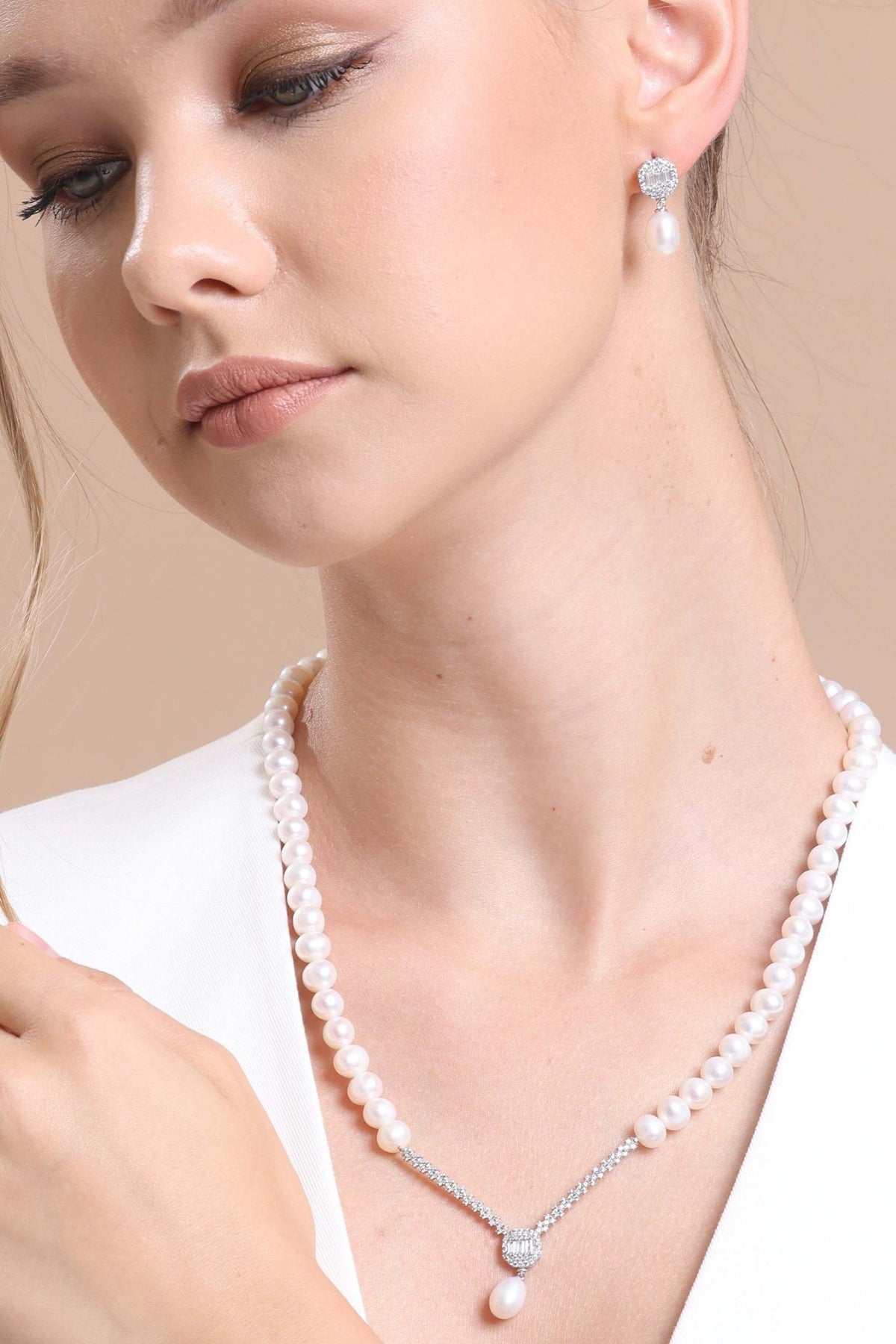 Baget Sekizgen Doğal İnci Sallantı Küpe Kolye İkili Set | | Birinci1926