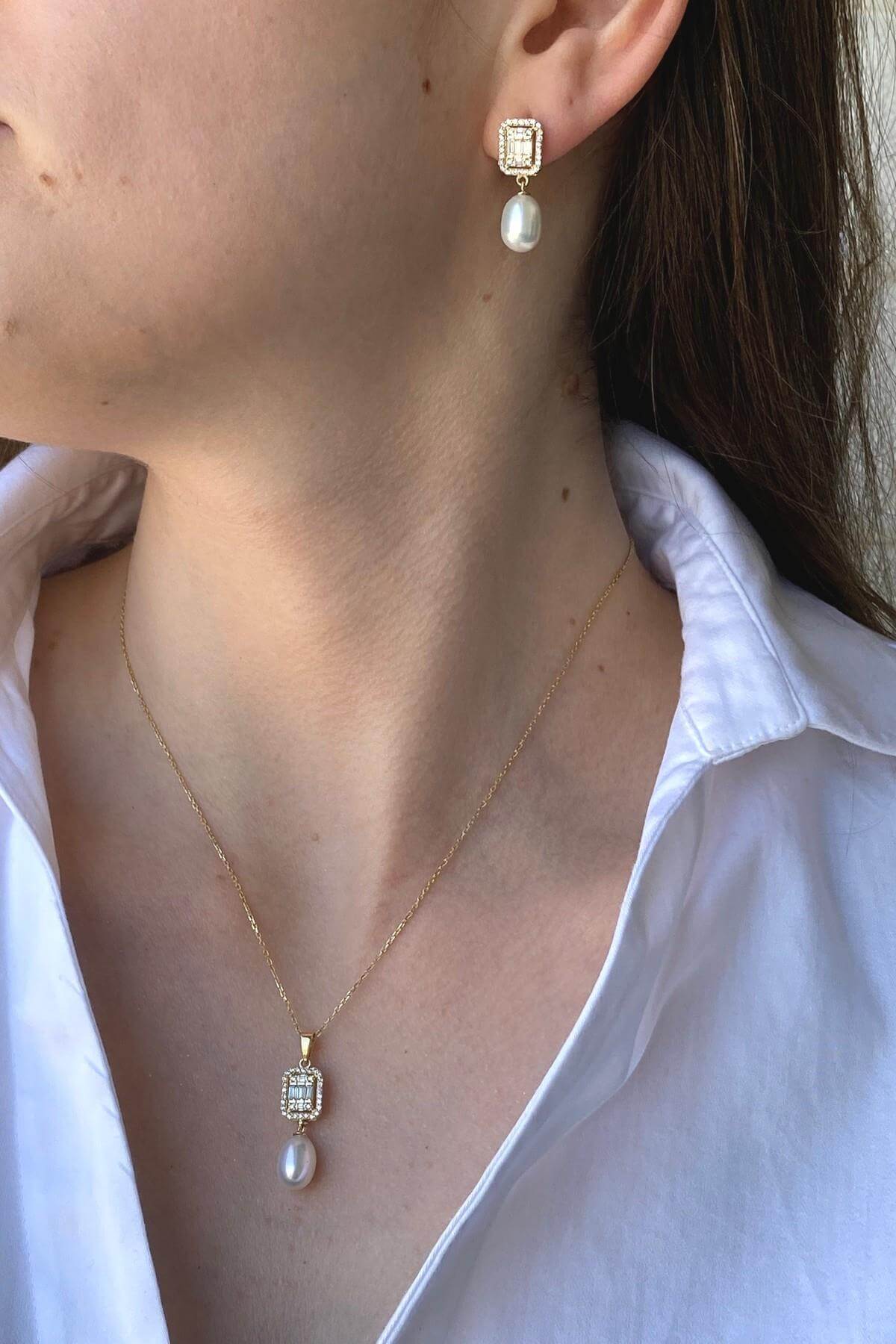 Baget Taş Doğal İnci Sallantı Küpe Kolye İkili Set | | Birinci1926