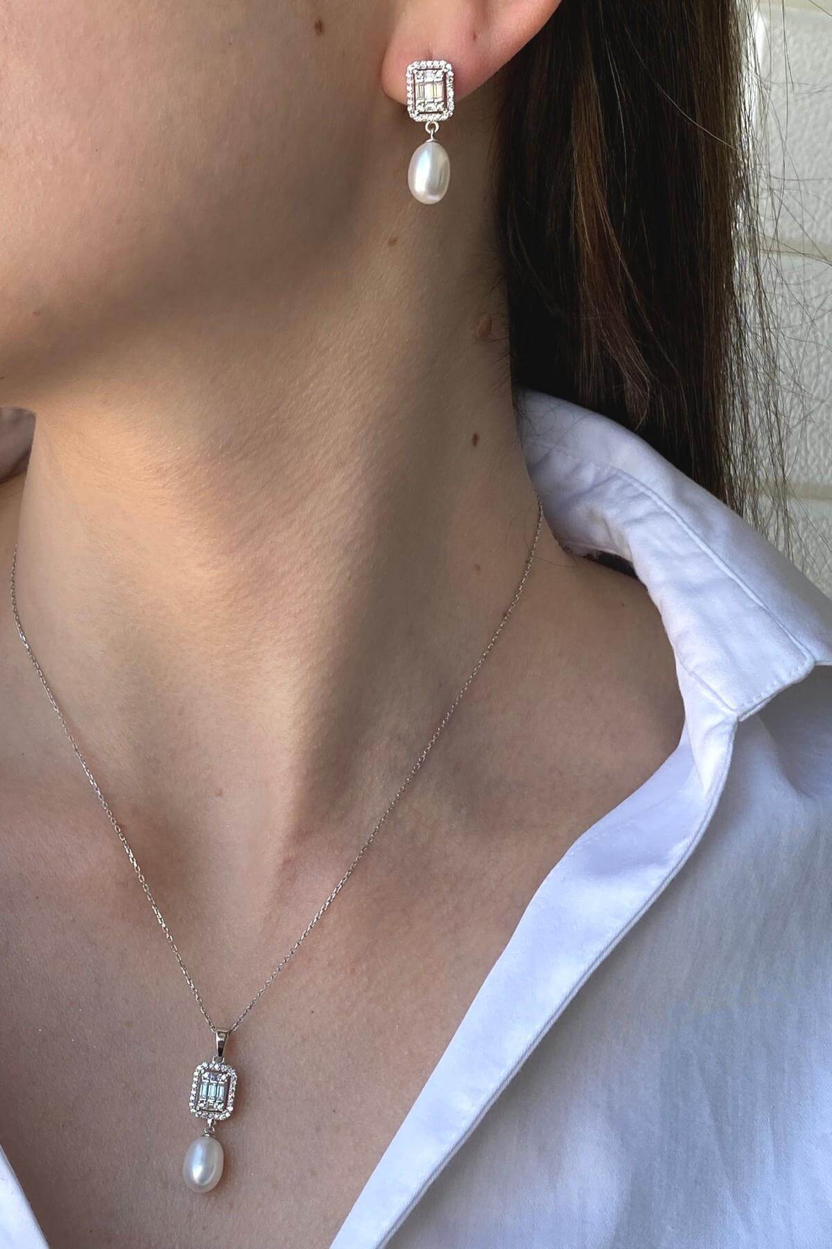 Baget Taş Doğal İnci Sallantı Küpe Kolye İkili Set | | Birinci1926