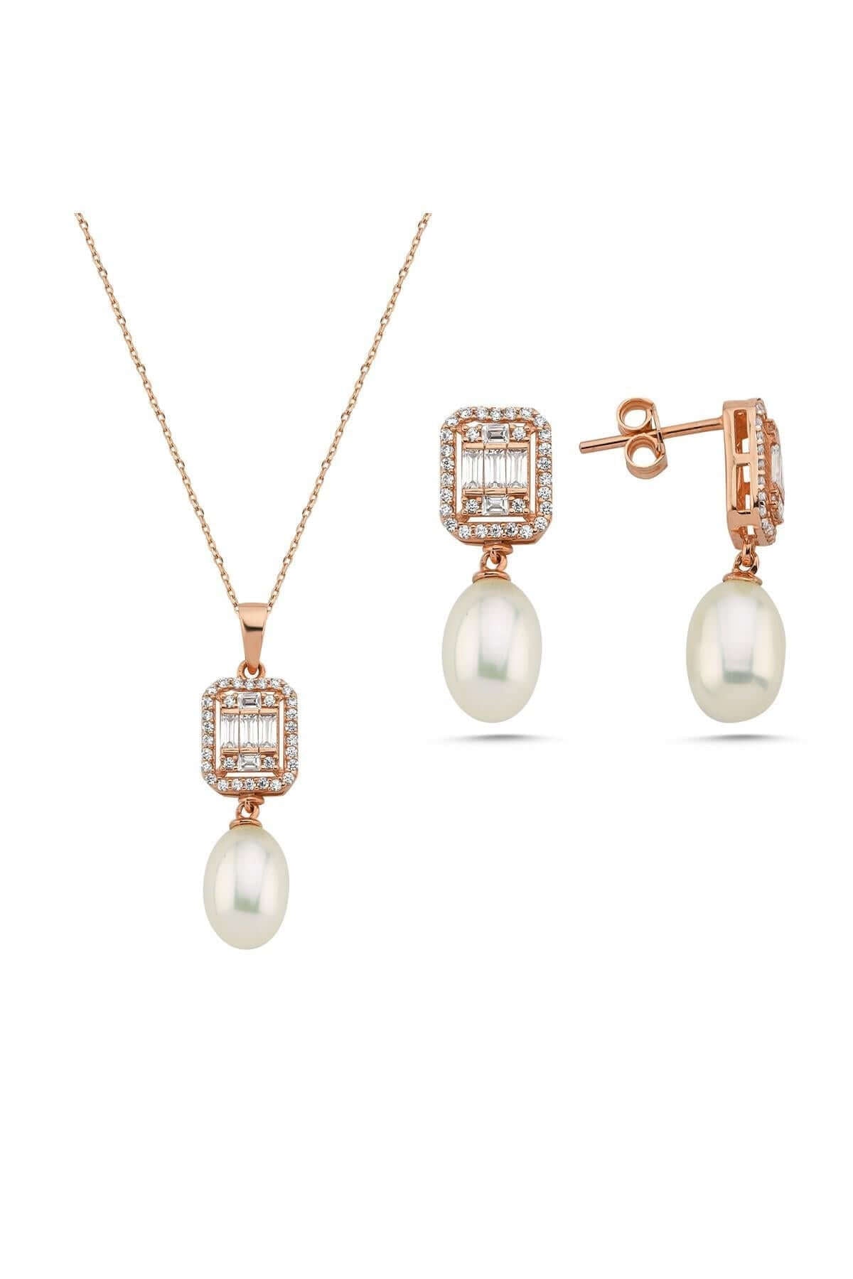 Baget Taş Doğal İnci Sallantı Küpe Kolye İkili Set | | Birinci1926