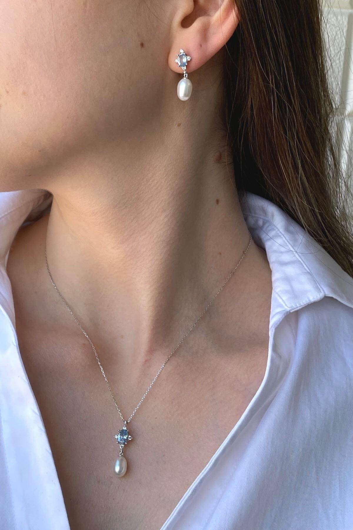 Mavi Renk Taşlı Doğal İnci Sallantı Küpe Kolye İkili Set | | Birinci1926