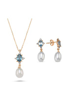 Mavi Renk Taşlı Doğal İnci Sallantı Küpe Kolye İkili Set | | Birinci1926