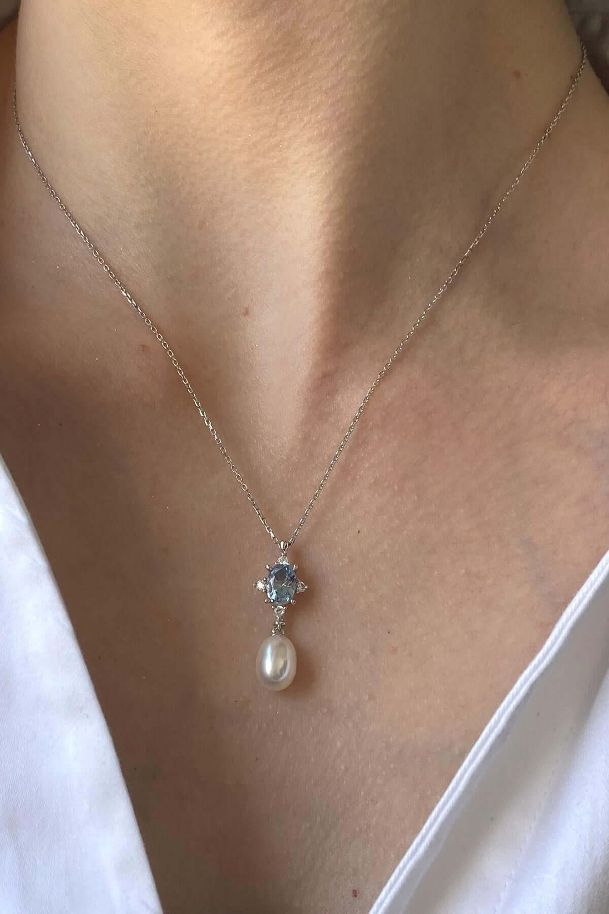 Mavi Renk Taşlı Doğal İnci Sallantı Küpe Kolye İkili Set | | Birinci1926