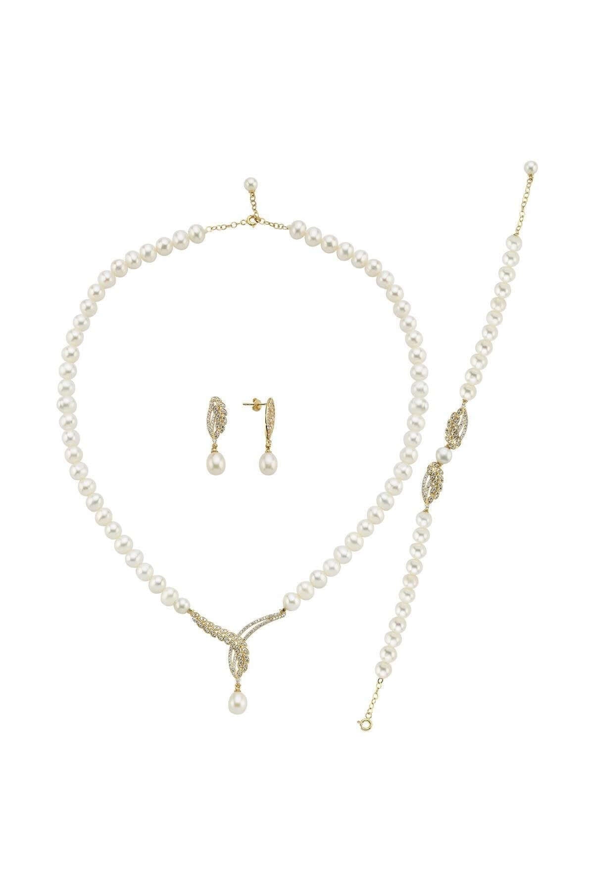 Yaprak Taşlı Doğal İnci Küpe Kolye Bileklik Üçlü Set | | Birinci1926