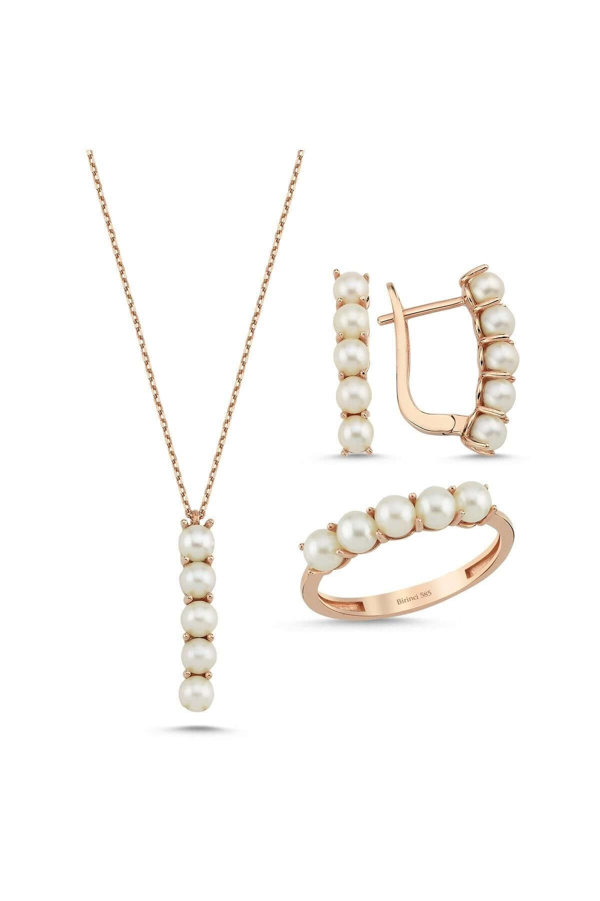 Beş Doğal İncili Küpe Kolye Yüzük Üçlü Set | | Birinci1926