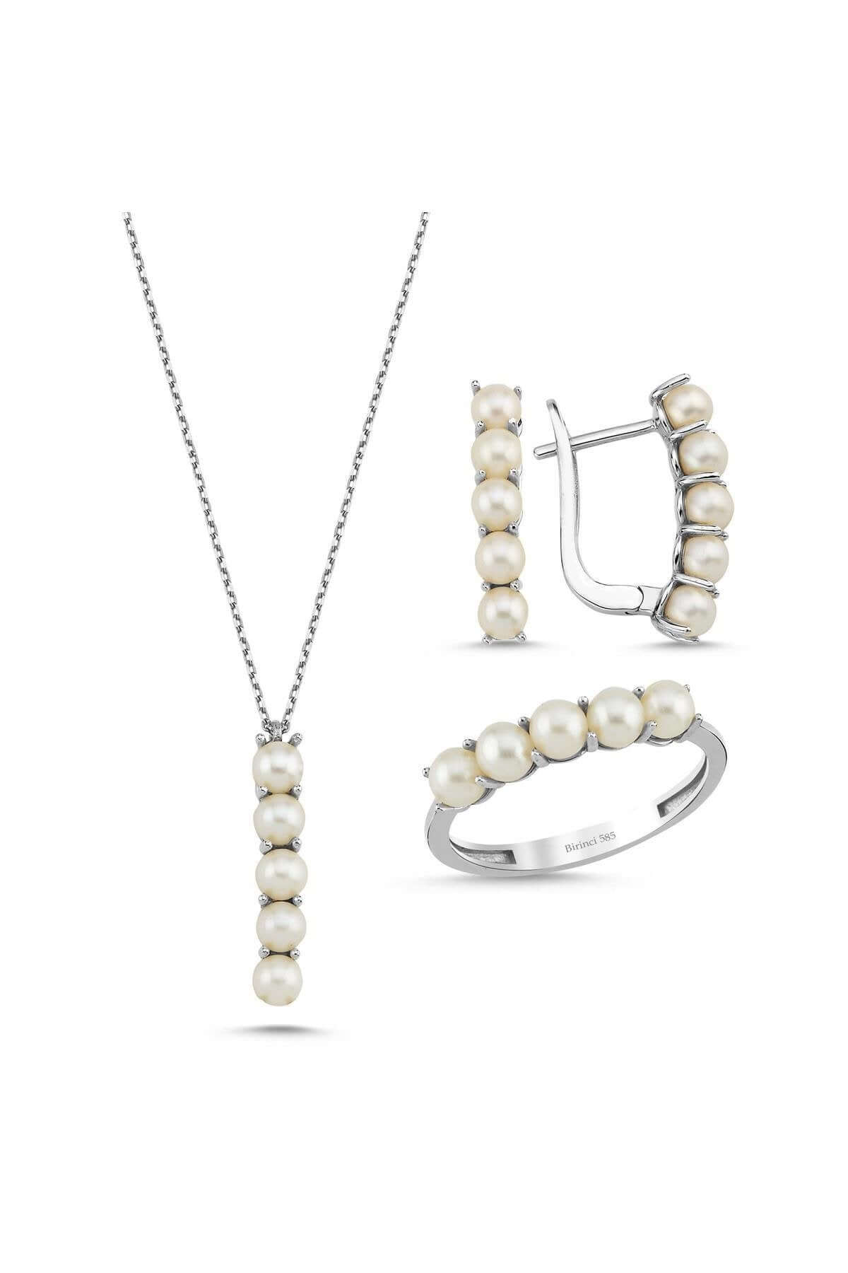 Beş Doğal İncili Küpe Kolye Yüzük Üçlü Set | | Birinci1926