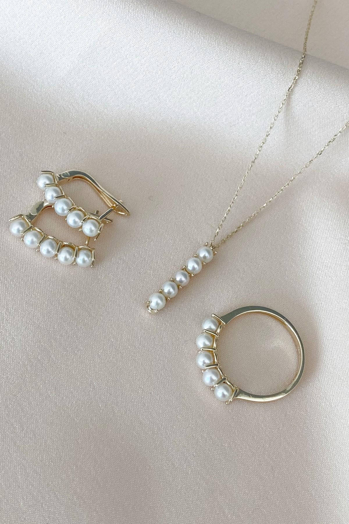 Beş Doğal İncili Küpe Kolye Yüzük Üçlü Set | | Birinci1926