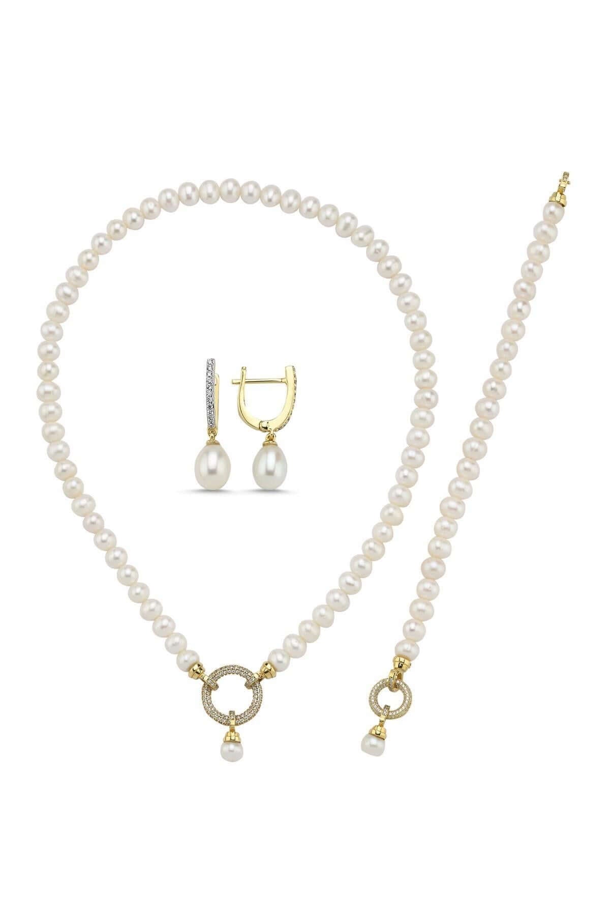 Halka Kilitli Doğal İnci Kolye Bileklik Küpe Üçlü Set | | Birinci1926