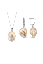 Şeftali Rengi Barok İnci Kolye Küpe İkili Set | | Birinci1926