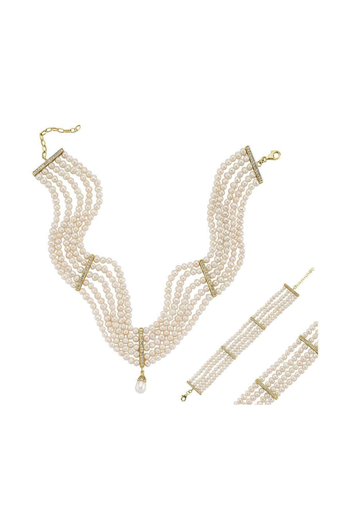 Zirkon Taşlı Doğal İnci Kolye Bileklik İkili Set | | Birinci1926