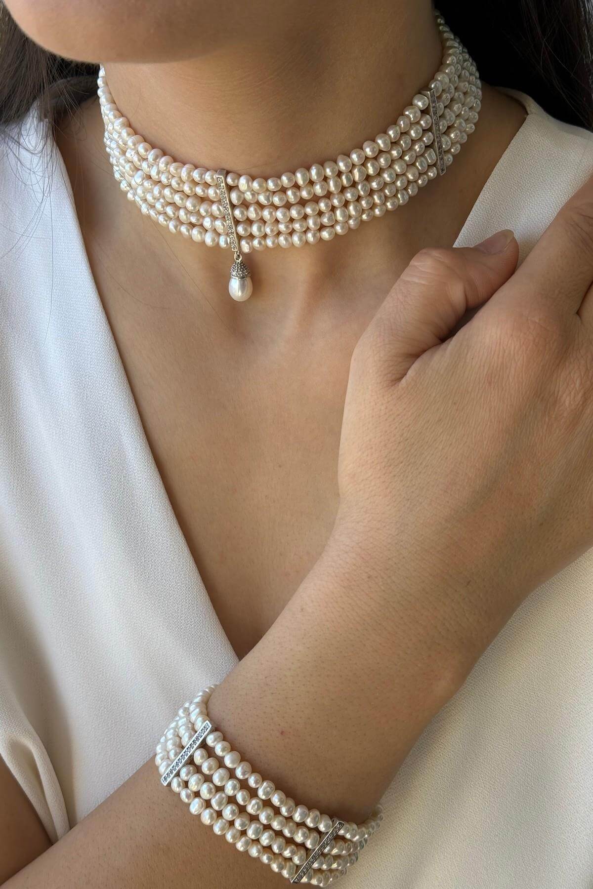 Zirkon Taşlı Doğal İnci Kolye Bileklik İkili Set | | Birinci1926