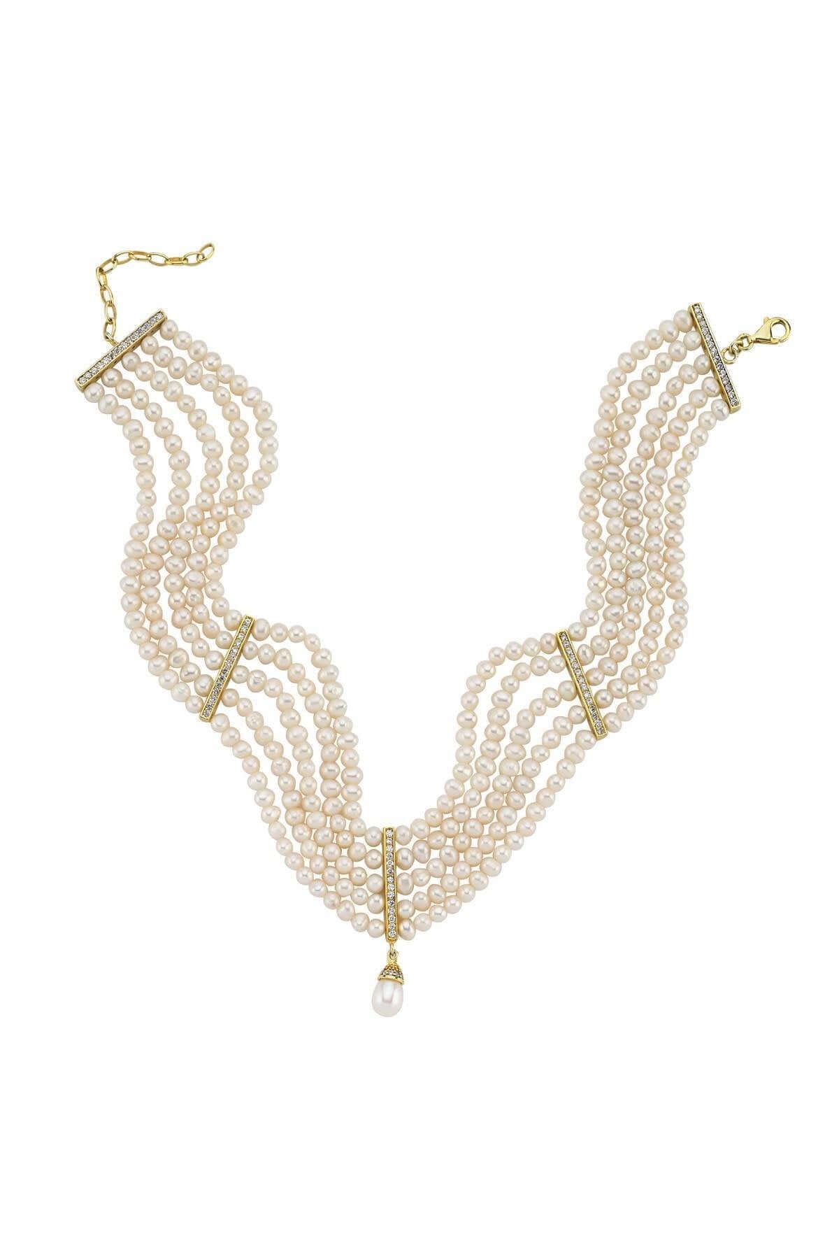 Zirkon Taşlı Doğal İnci 5 Sıra Kolye | | Birinci1926