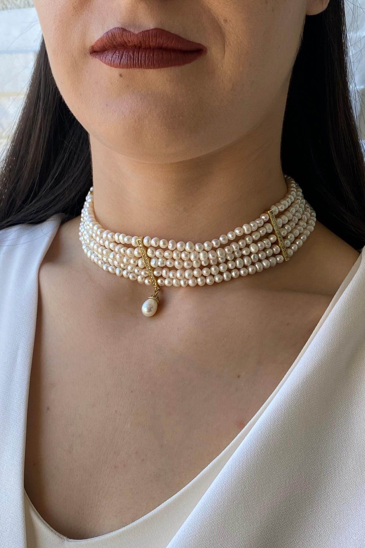 Zirkon Taşlı Doğal İnci 5 Sıra Kolye | | Birinci1926