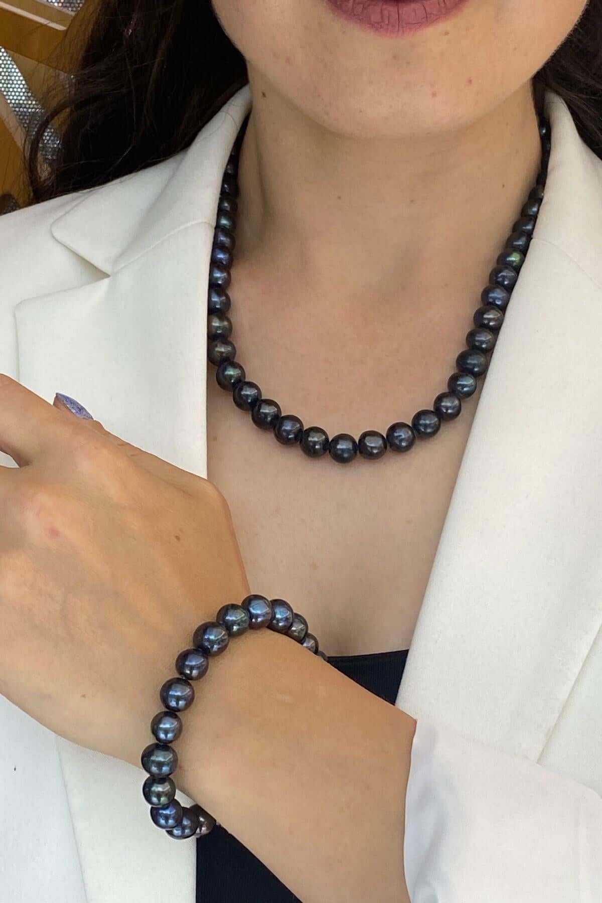 Denizci Kilit Sıralı Siyah İnci Kolye Bileklik İkili Set | | Birinci1926