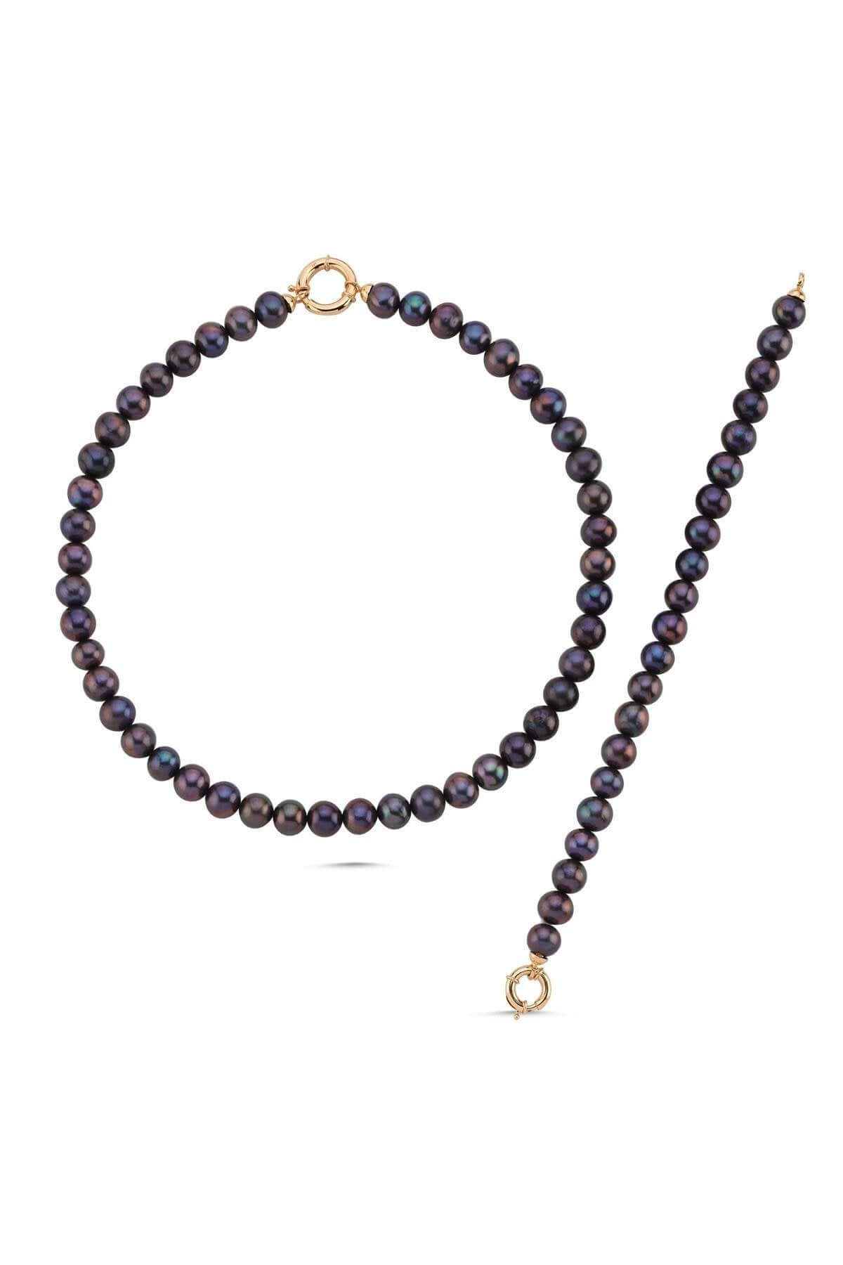 Denizci Kilit Sıralı Siyah İnci Kolye Bileklik İkili Set | | Birinci1926