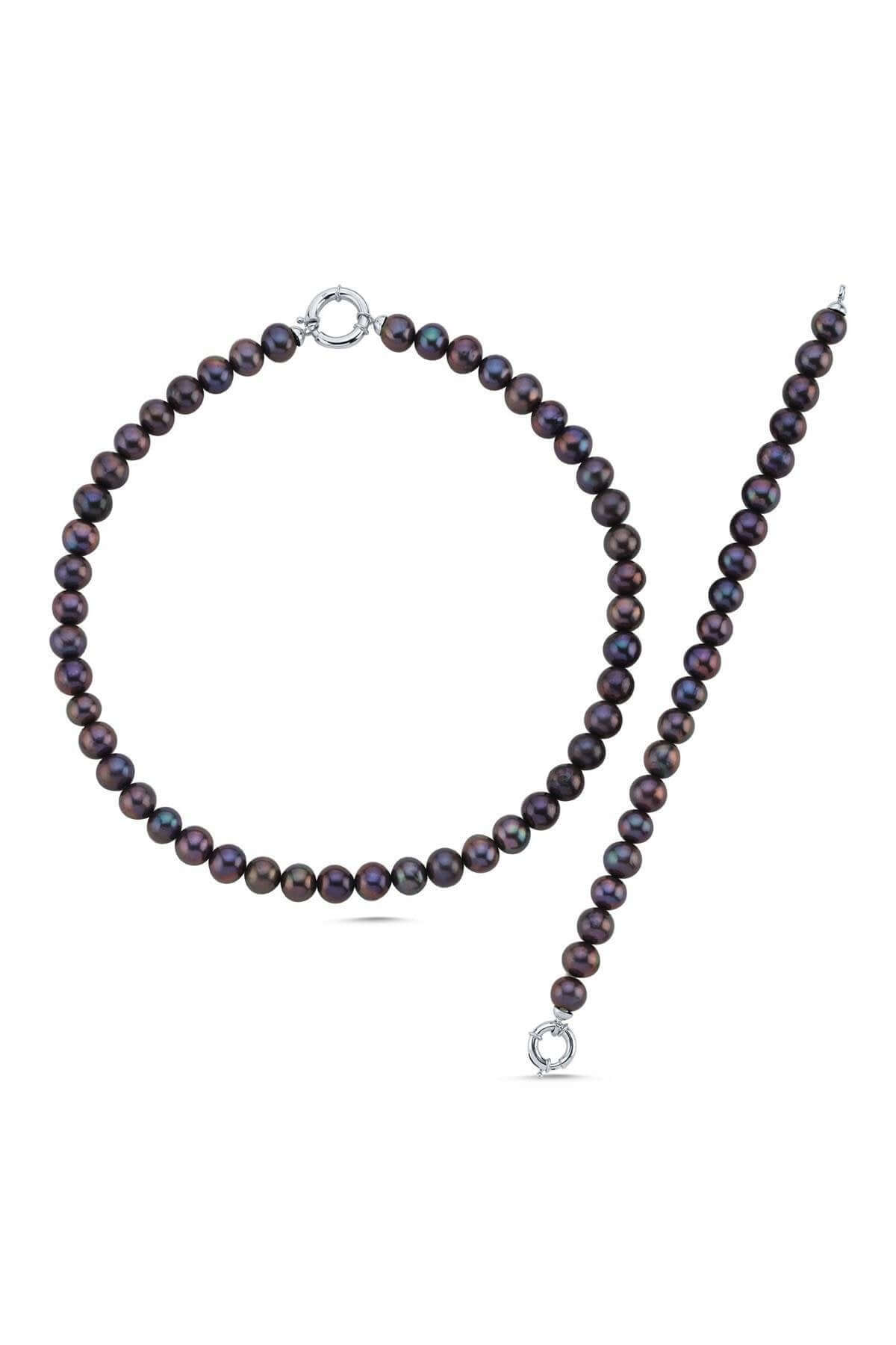 Denizci Kilit Sıralı Siyah İnci Kolye Bileklik İkili Set | | Birinci1926