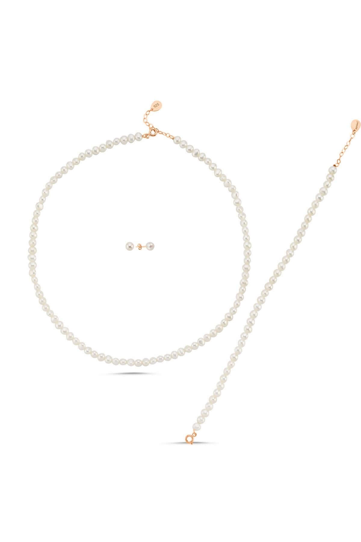 Doğal İnci Sıralı Kolye Bileklik Küpe Üçlü Set | | Birinci1926