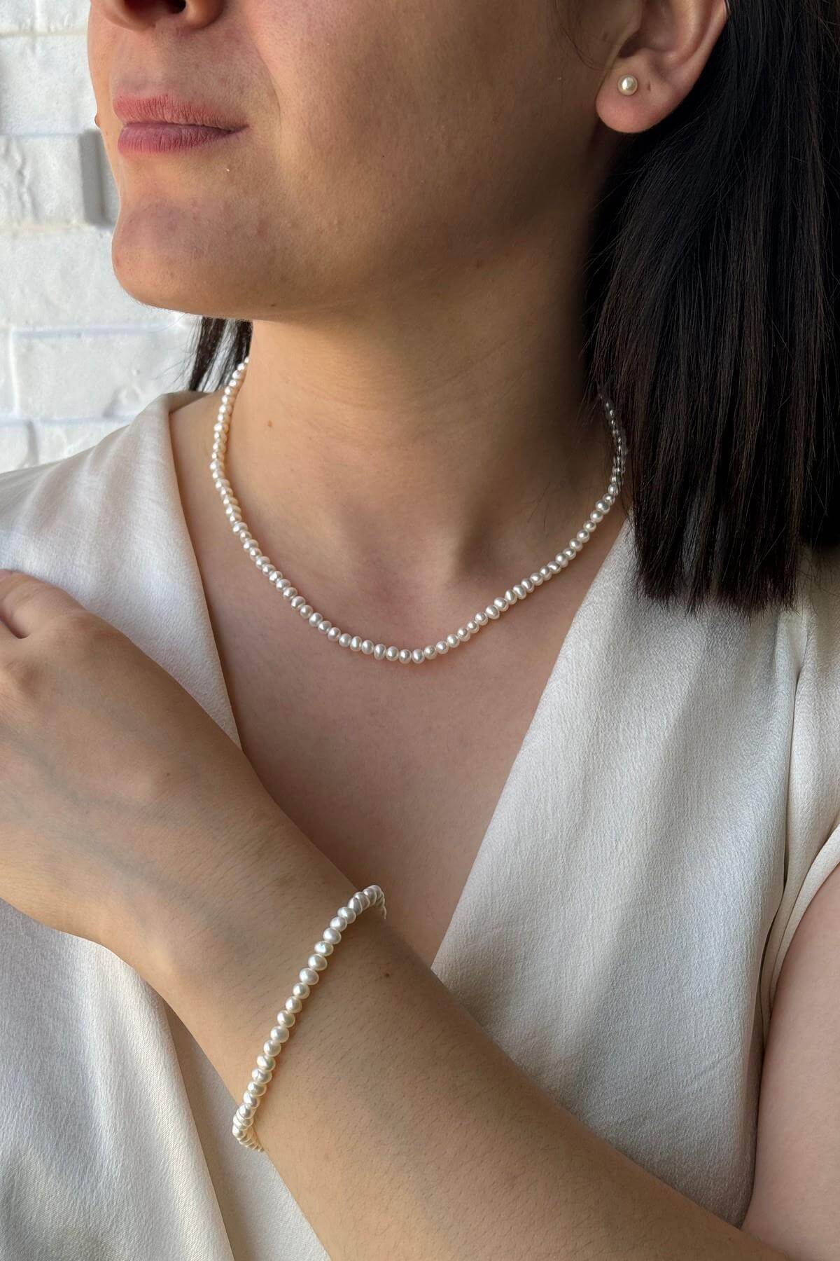 Doğal İnci Sıralı Kolye Bileklik Küpe Üçlü Set | | Birinci1926