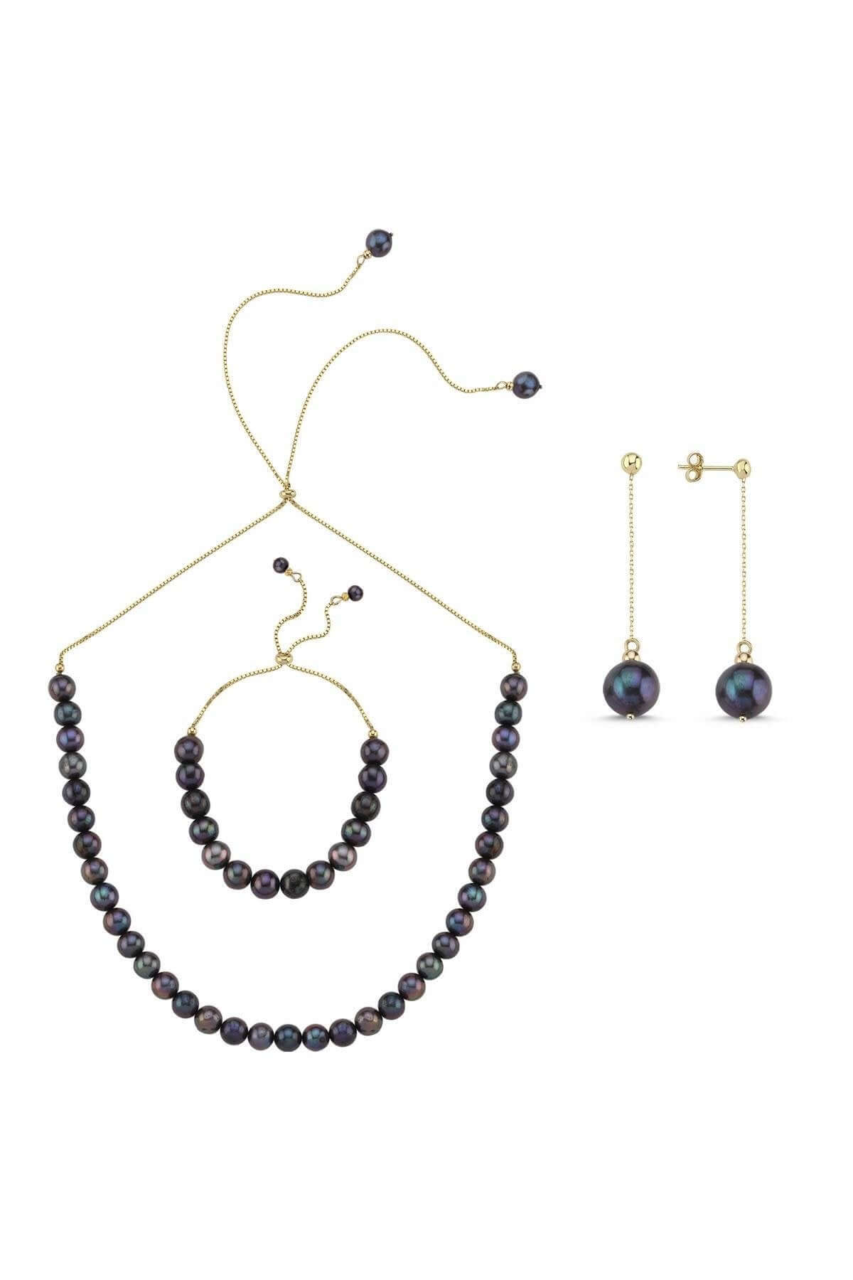 Asansörlü Yarı Doğal İnci Yarı Zincir Küpe Kolye Bileklik Üçlü Set | | Birinci1926