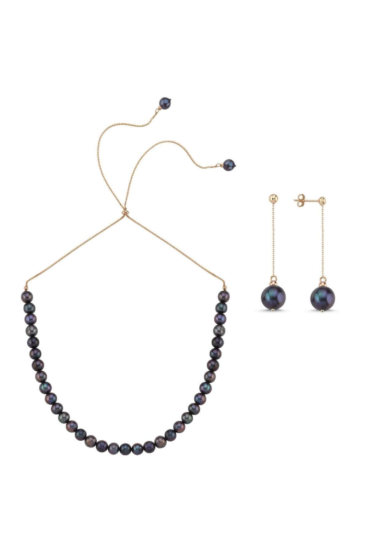 Asansörlü Yarı Doğal İnci Yarı Zincir Küpe Kolye İkili Set | | Birinci1926