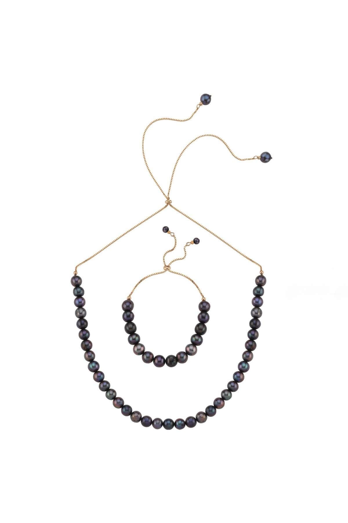 Asansörlü Yarı Doğal İnci Yarı Zincir Kolye Bileklik İkili Set | | Birinci1926