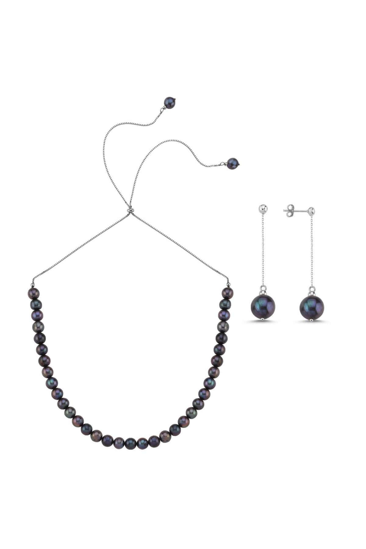 Asansörlü Yarı Doğal İnci Yarı Zincir Küpe Kolye İkili Set | | Birinci1926