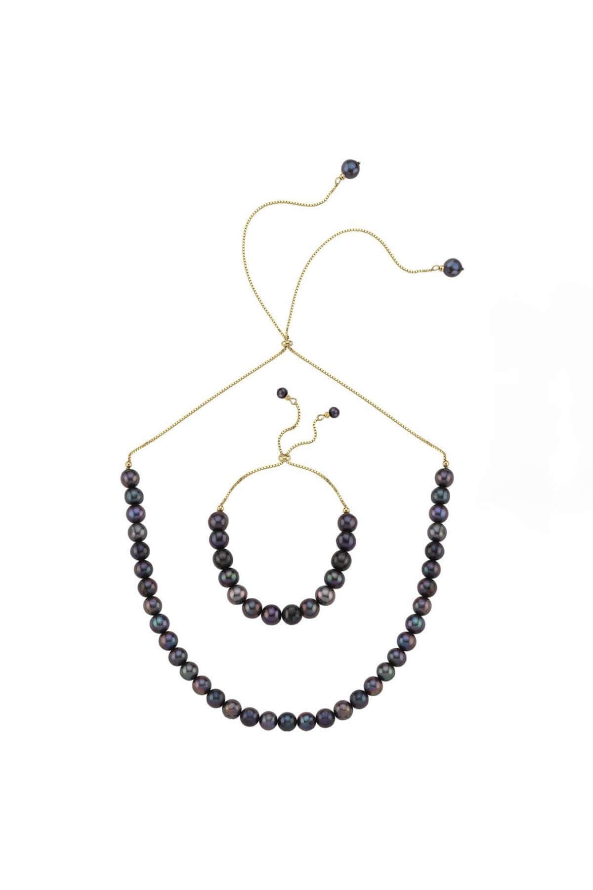 Asansörlü Yarı Doğal İnci Yarı Zincir Kolye Bileklik İkili Set | | Birinci1926