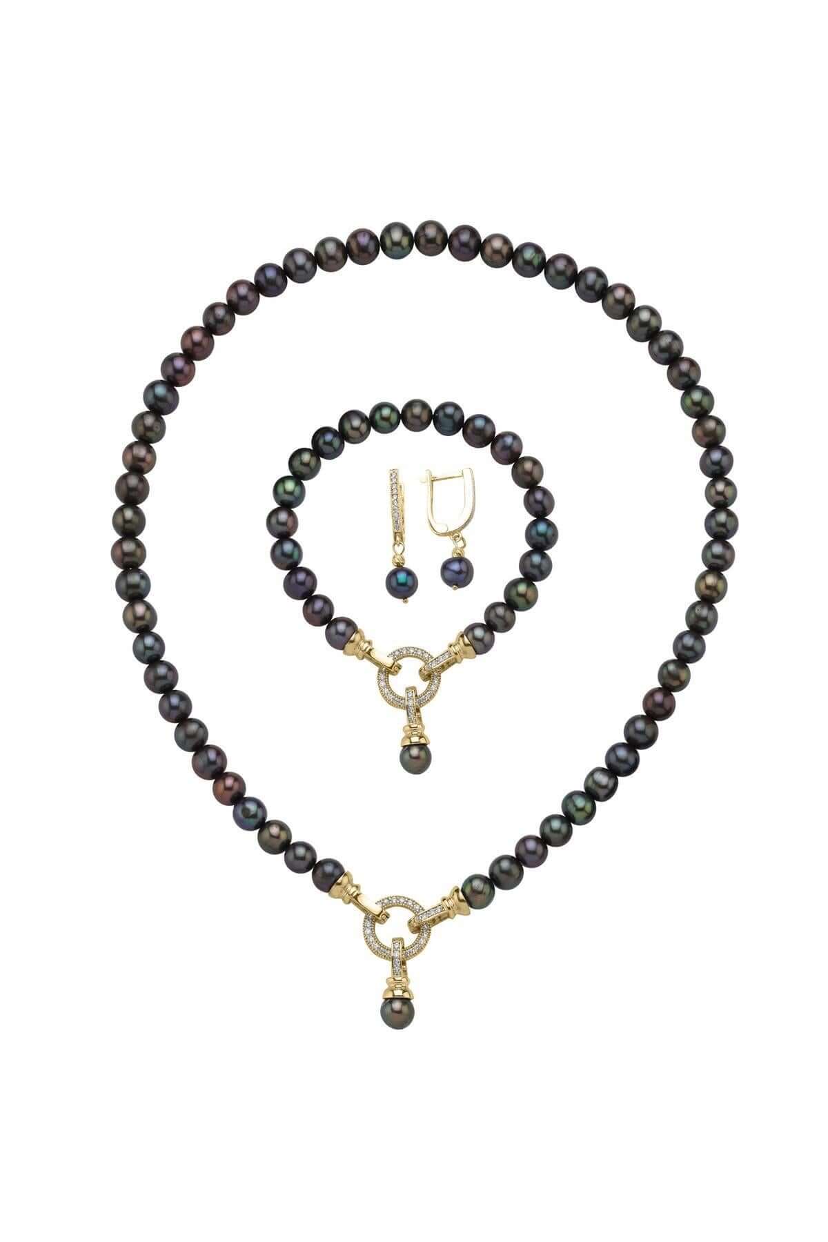 Zirkon Taşlı Halka Kilitli Doğal İnci Küpe Kolye Bileklik Üçlü Set | | Birinci1926