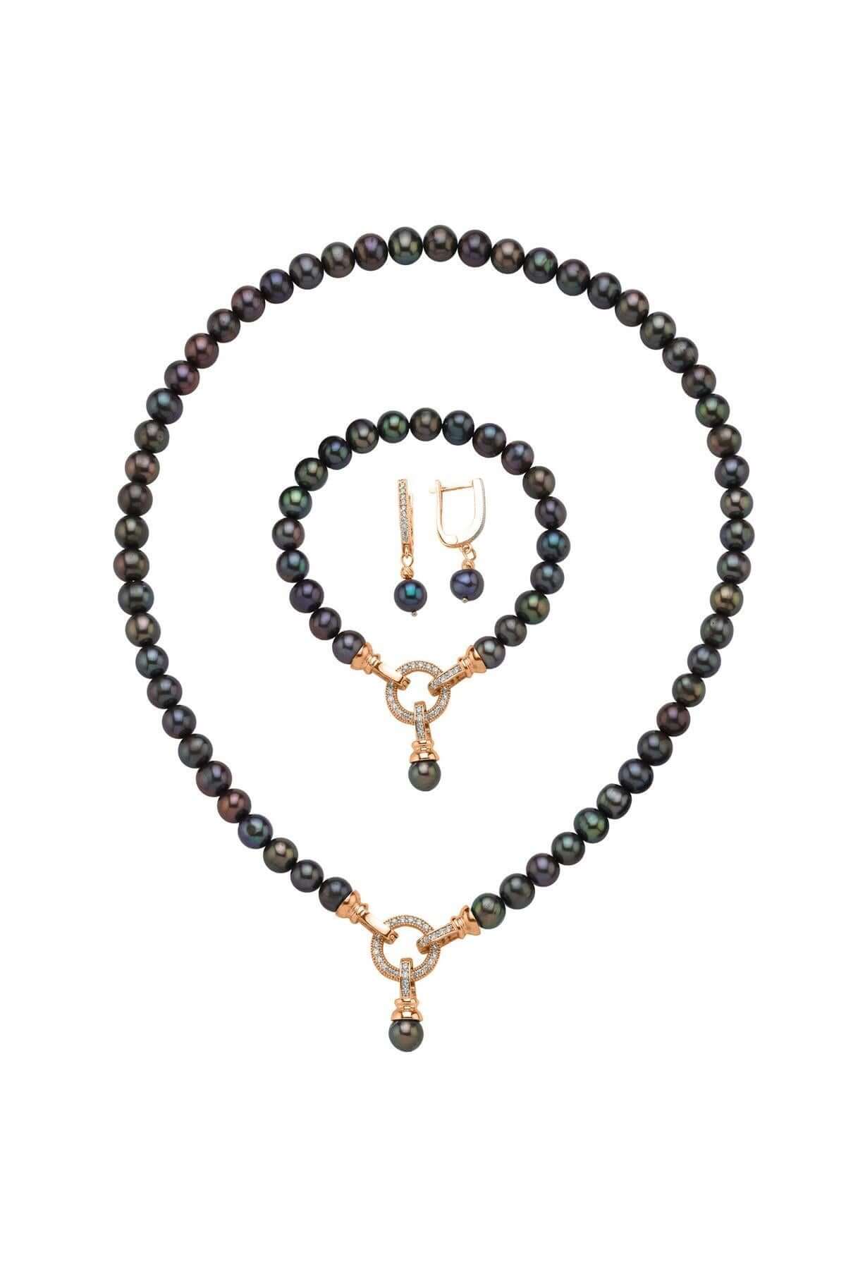 Zirkon Taşlı Halka Kilitli Doğal İnci Küpe Kolye Bileklik Üçlü Set | | Birinci1926