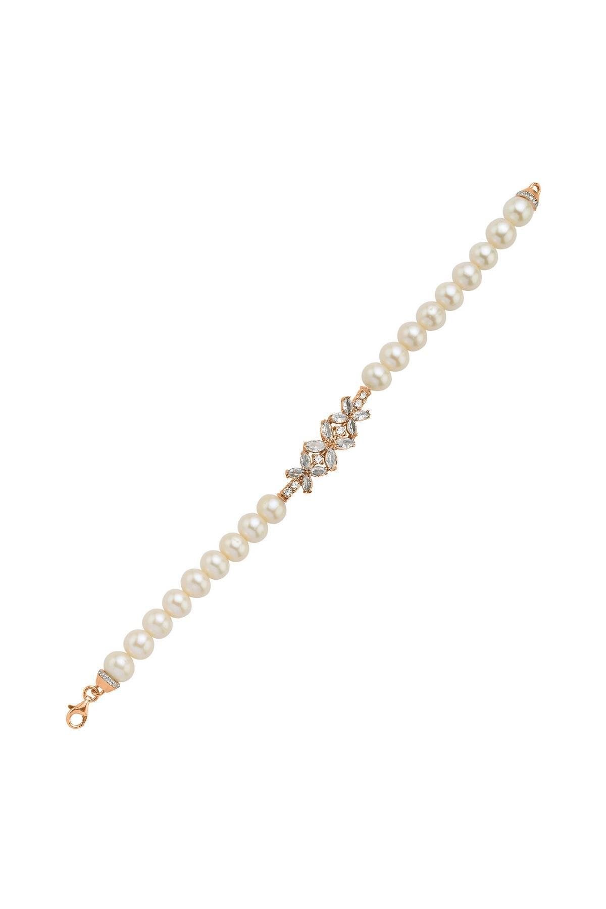 Çiçek Tasarımlı Zirkon Taşlı Doğal İnci Bileklik | | Birinci1926