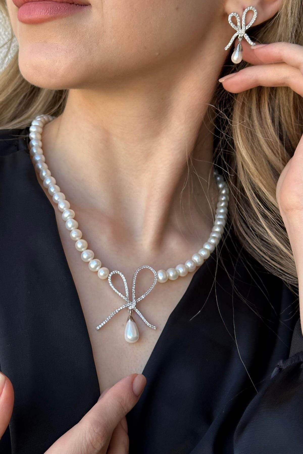 Fiyonklu Damla Sallantılı Doğal İnci Küpe Kolye İkili Set | | Birinci1926