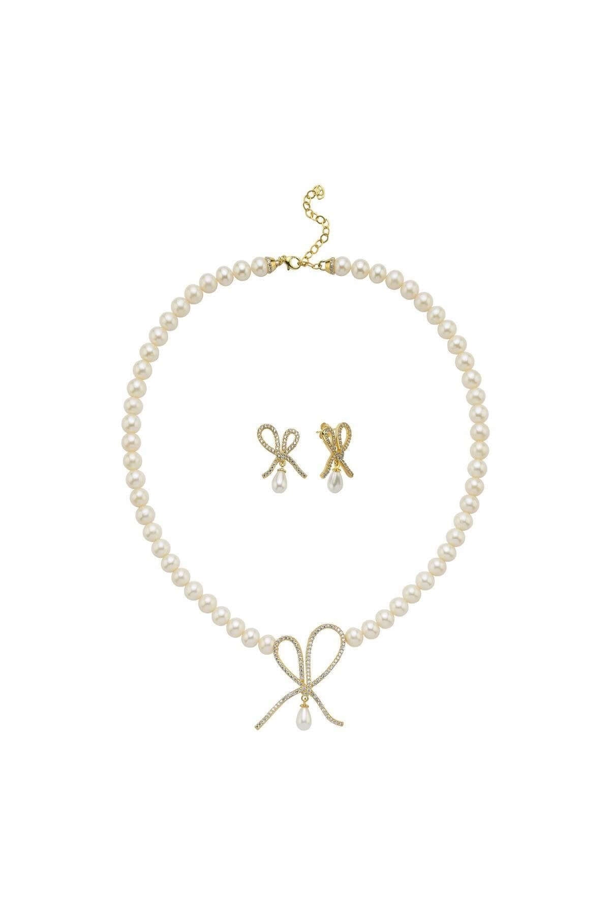 Fiyonklu Damla Sallantılı Doğal İnci Küpe Kolye İkili Set | | Birinci1926