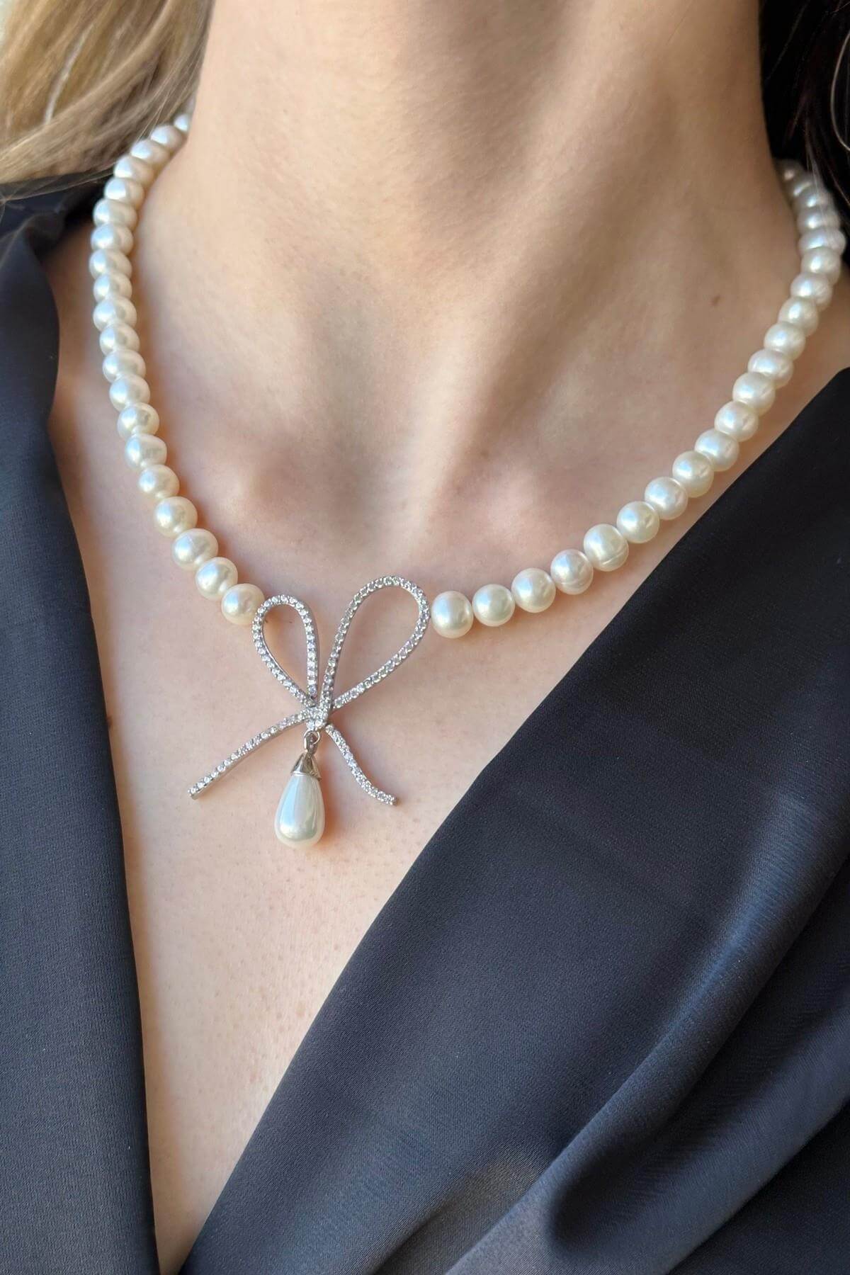 Fiyonklu Damla Sallantılı Doğal İnci Küpe Kolye İkili Set | | Birinci1926