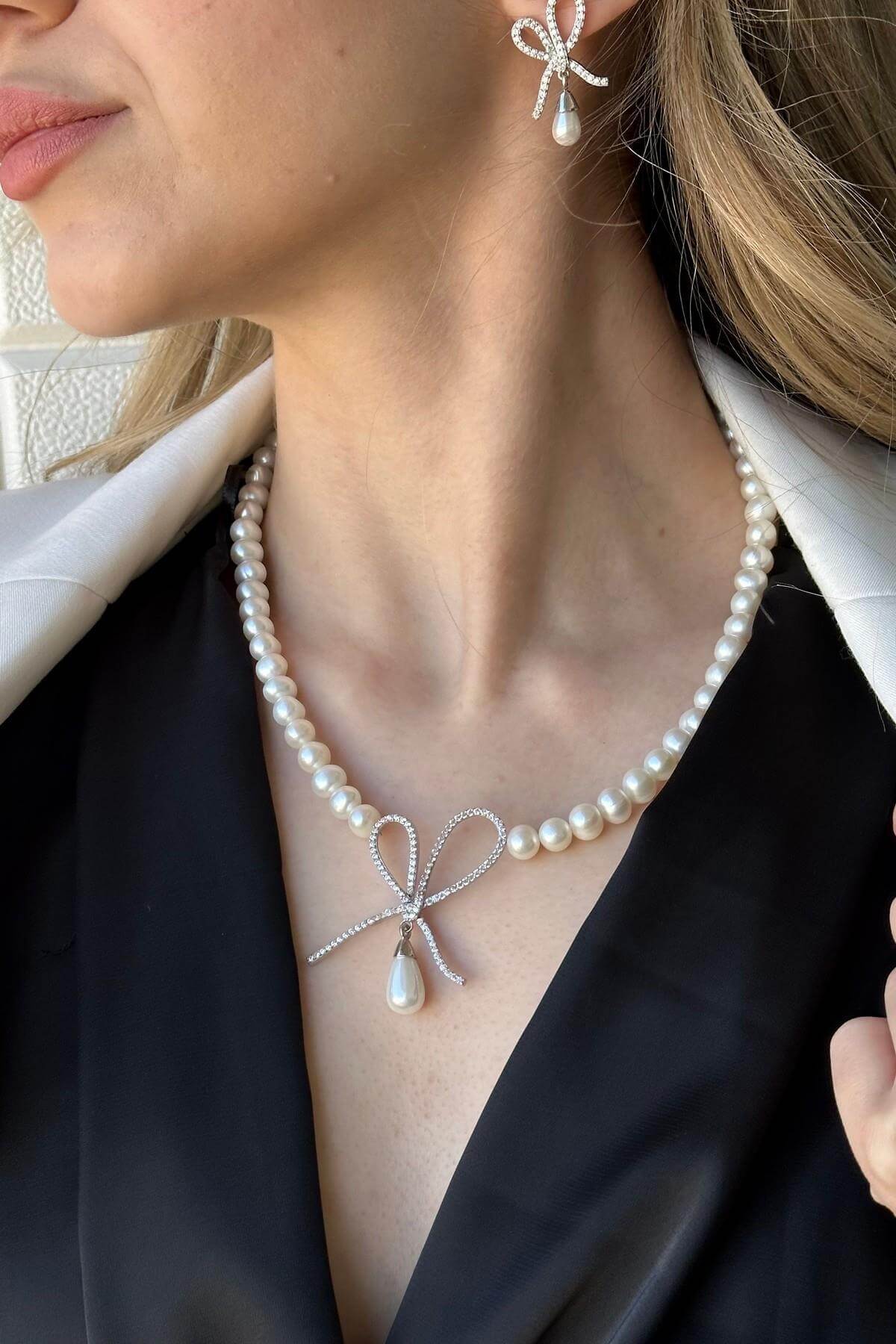 Fiyonklu Damla Sallantılı Doğal İnci Küpe Kolye İkili Set | | Birinci1926