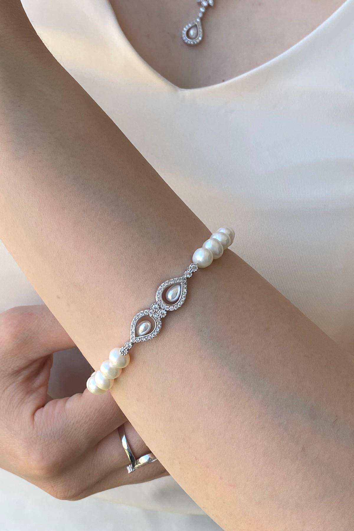 Damla Zirkon Taşlı Doğal İncili Küpe Kolye Bileklik Yüzük Dörtlü Set | | Birinci1926