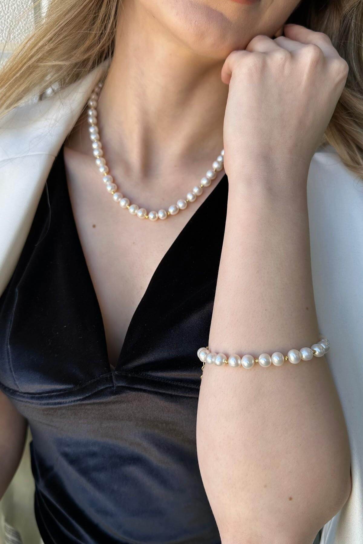 Dorika Toplu Doğal İnci Kolye Bileklik İkili Set | | Birinci1926