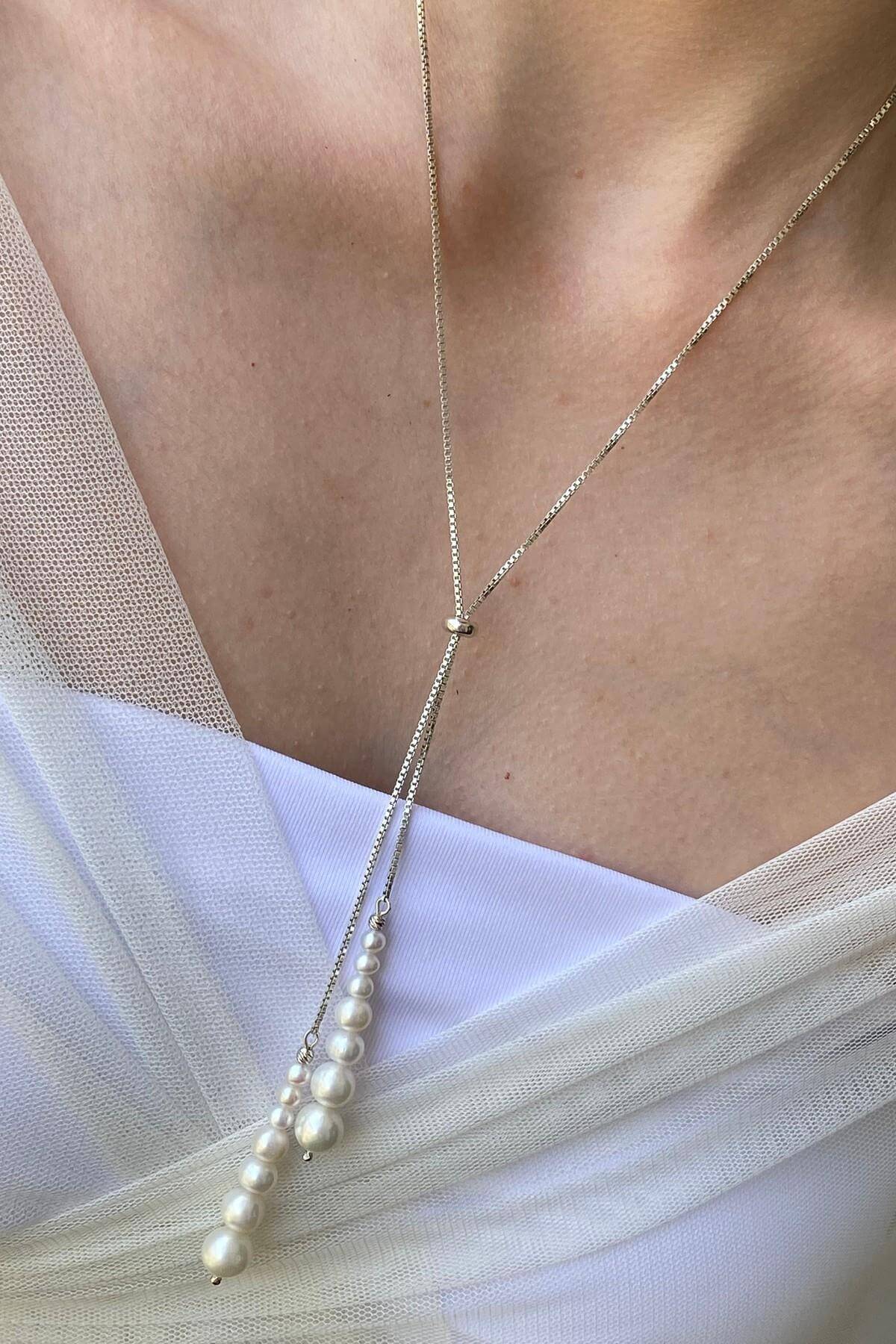 Süzme Doğal İnci Asansörlü Zincir Kolye | | Birinci1926