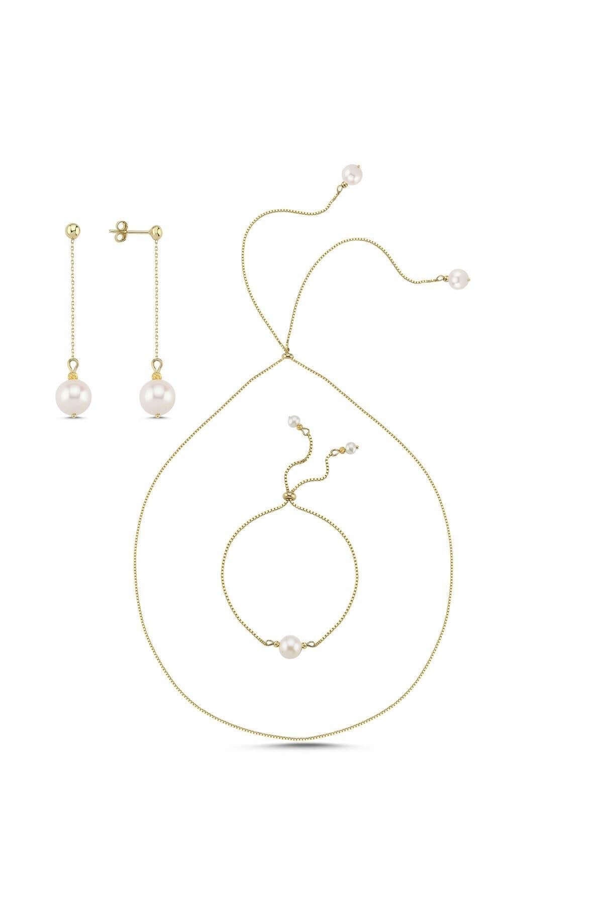 Zincirli Asansör Model Doğal İnci Küpe Kolye Bileklik Üçlü Set | | Birinci1926