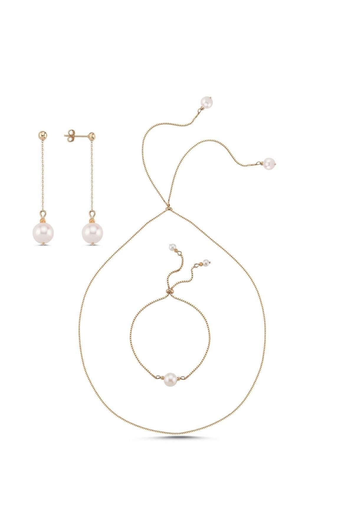 Zincirli Asansör Model Doğal İnci Küpe Kolye Bileklik Üçlü Set | | Birinci1926