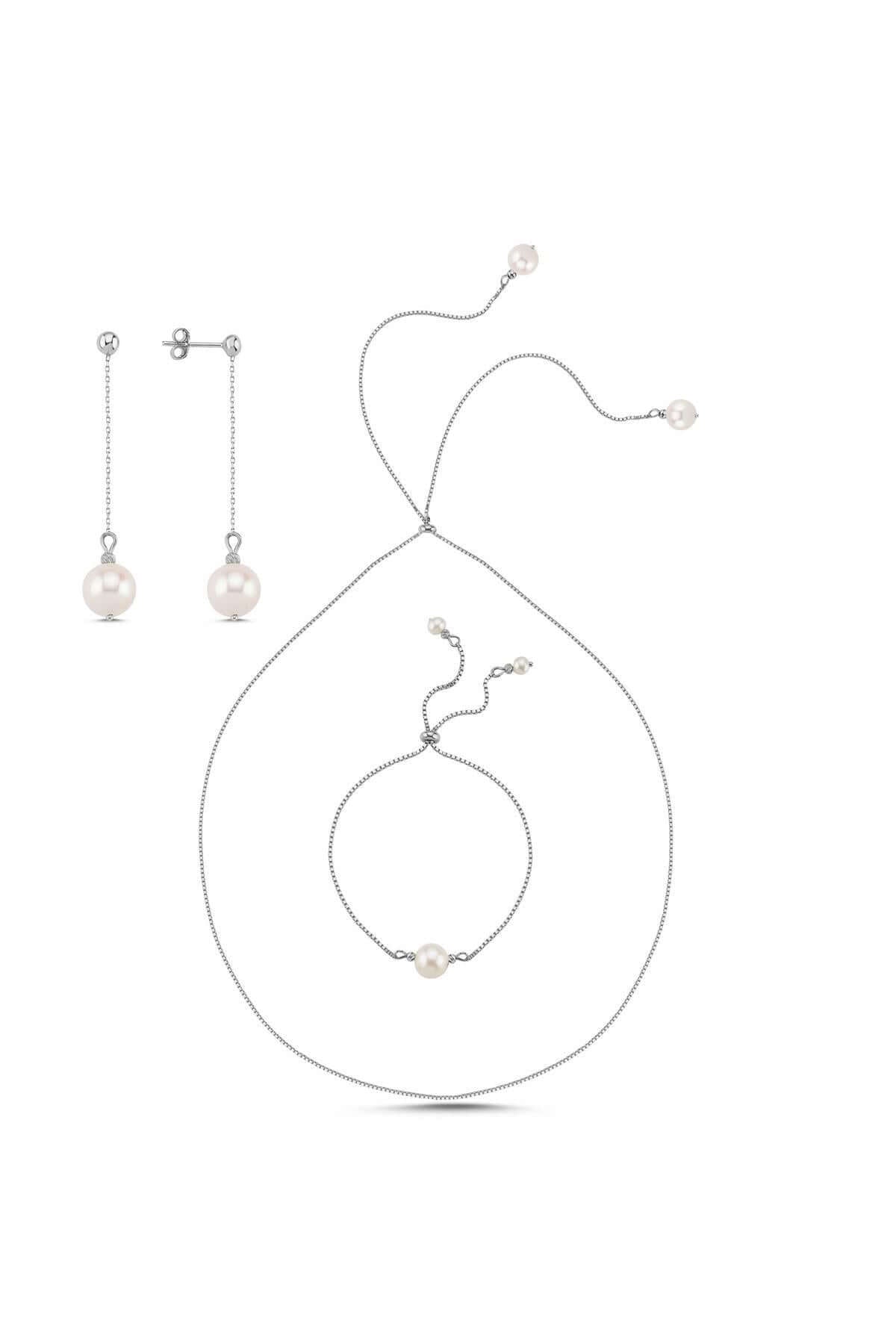 Zincirli Asansör Model Doğal İnci Küpe Kolye Bileklik Üçlü Set | | Birinci1926